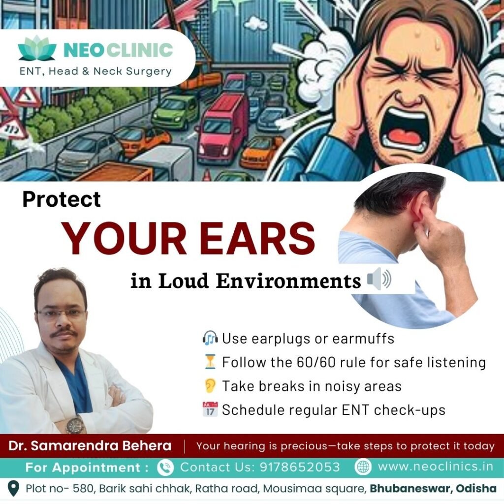 Person wearing earplugs at a loud concert to protect hearing health.