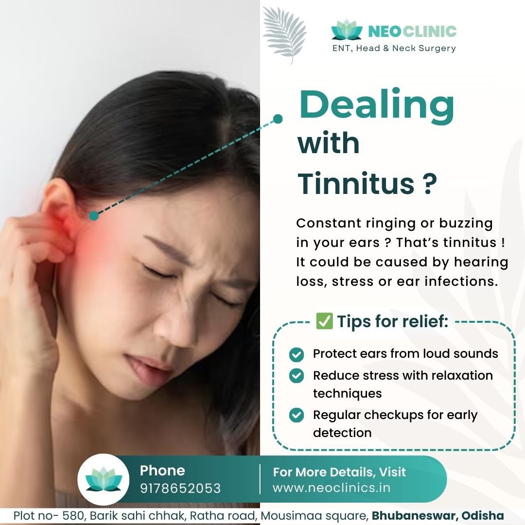 Image of a person holding their ear with a distressed expression, symbolizing the discomfort caused by tinnitus, with an infographic highlighting tinnitus symptoms and treatment options at Neo Clinic Bhubaneswar.